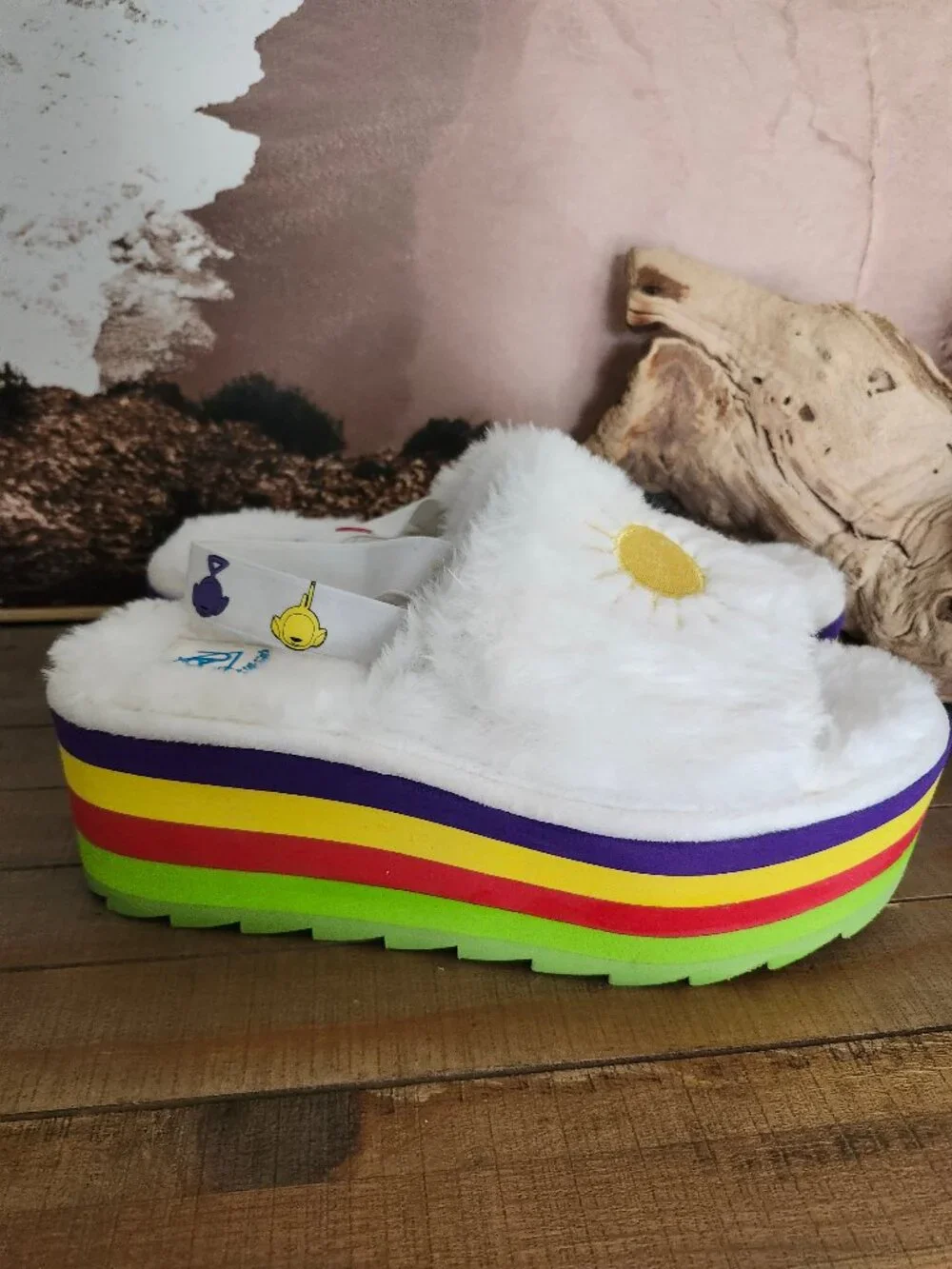 YRU x Teletubbies Qozii Rainbow Sun Platform Plush Slides Y2K Kidcore Rave 12